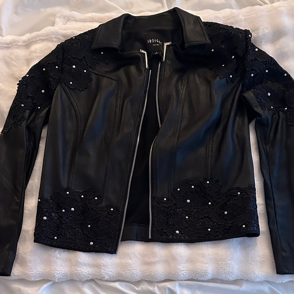 Insight New York Black Leather Floral Jacket with studs and designs